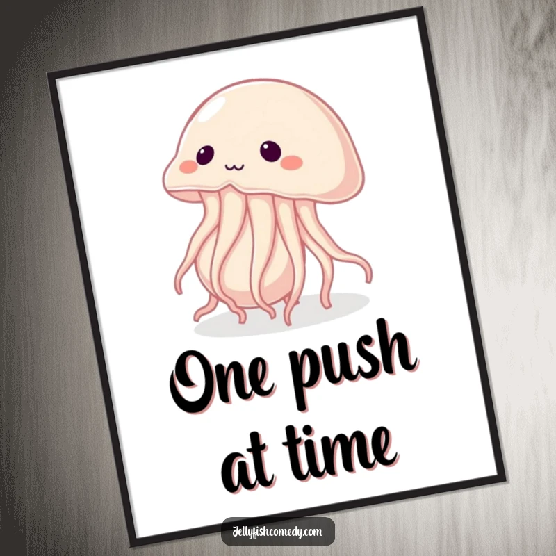 Funny poster of a determined jellyfish straining to push a huge pearl, embodying strength, effort, and the pursuit of big dreams.