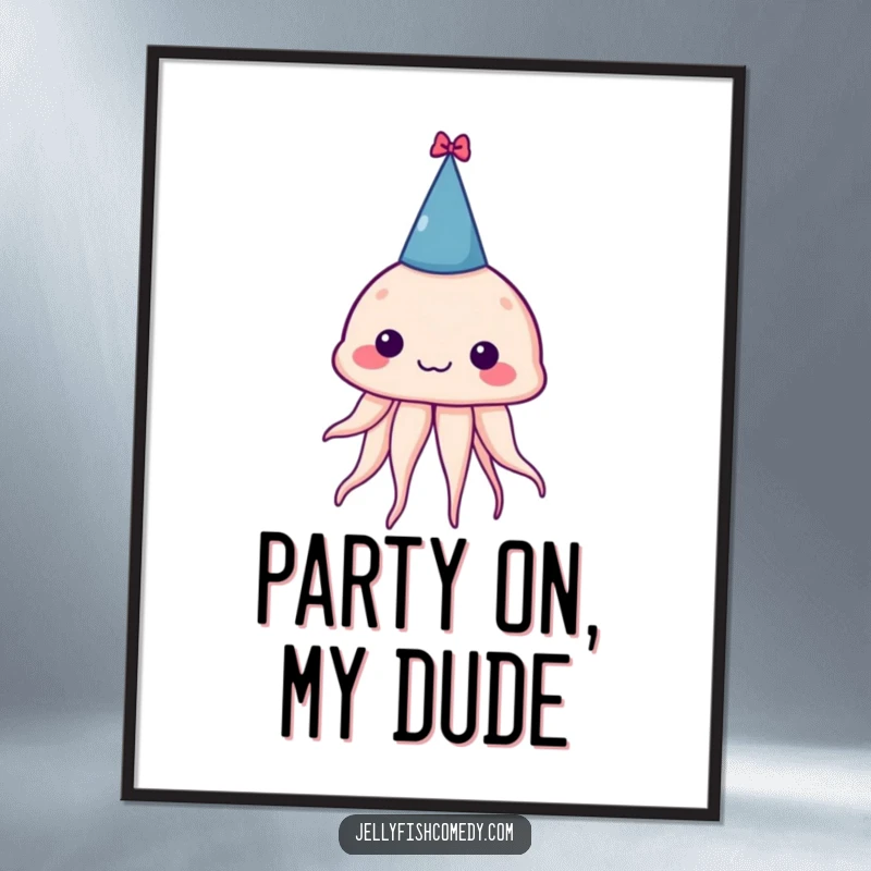 Funny poster of a silly jellyfish wearing a tiny party hat, exuding pure, unadulterated party joy and whimsical charm.