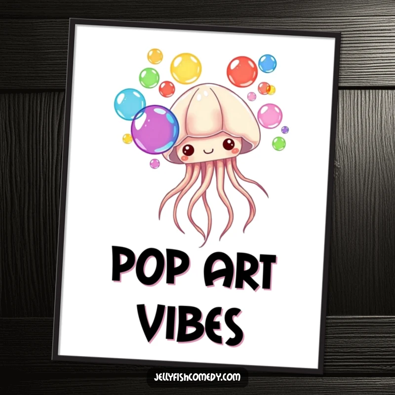 Funny Poster showcasing a jellyfish blowing multiple rainbow-colored bubbles. This artwork brings whimsical charm.