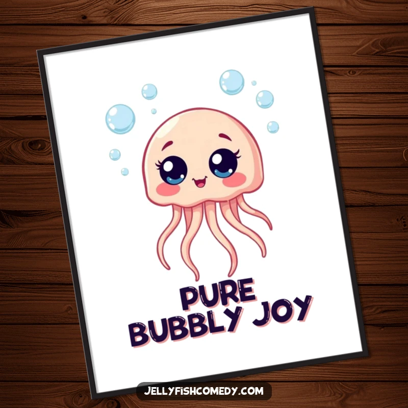 Funny poster of a giggling jellyfish with big eyes, surrounded by bubbles, bringing a sense of joy.