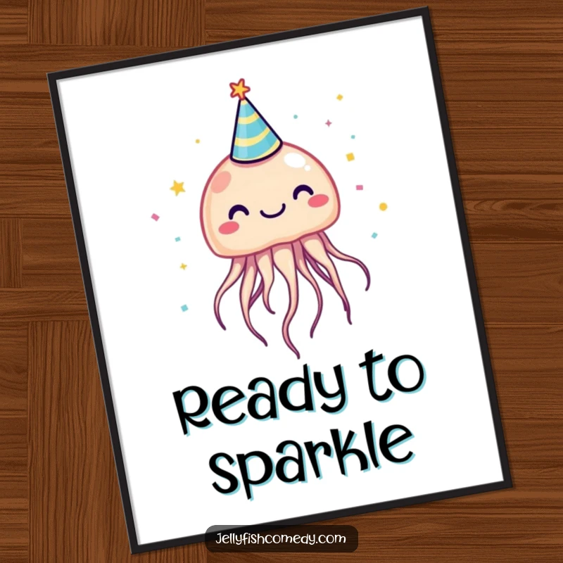 Funny jellyfish wearing a party hat and confetti, a delightful poster bringing aquatic humor to any room.