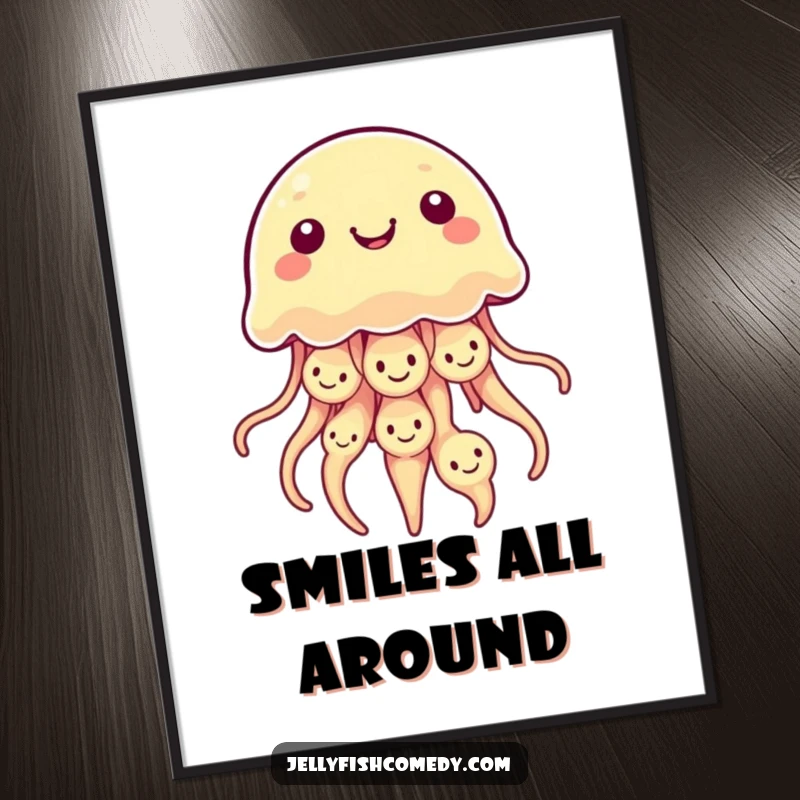 Funny Kawaii Jellyfish Poster featuring a jellyfish with multiple smiley faces on its bell, perfect for wall decor.