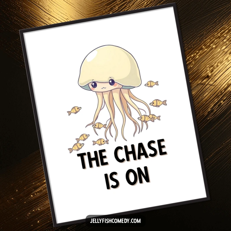 Funny Jellyfish Poster: A vibrant depiction of a jellyfish in a funny pursuit of tiny fish, perfect wall decor.