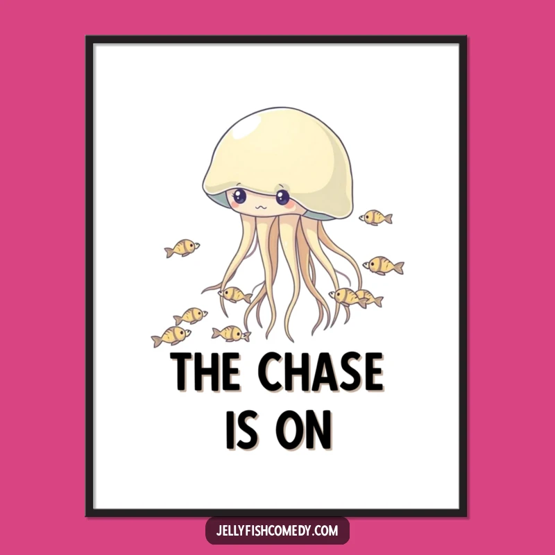 Funny Jellyfish Fish Chase Poster: Vibrant Cartoon Wall Art for a Humorous Space