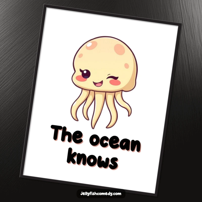 Funny winking jellyfish poster, a sea creature with a mischievous, bubbly smile, adding a touch of playful charm to any wall.
