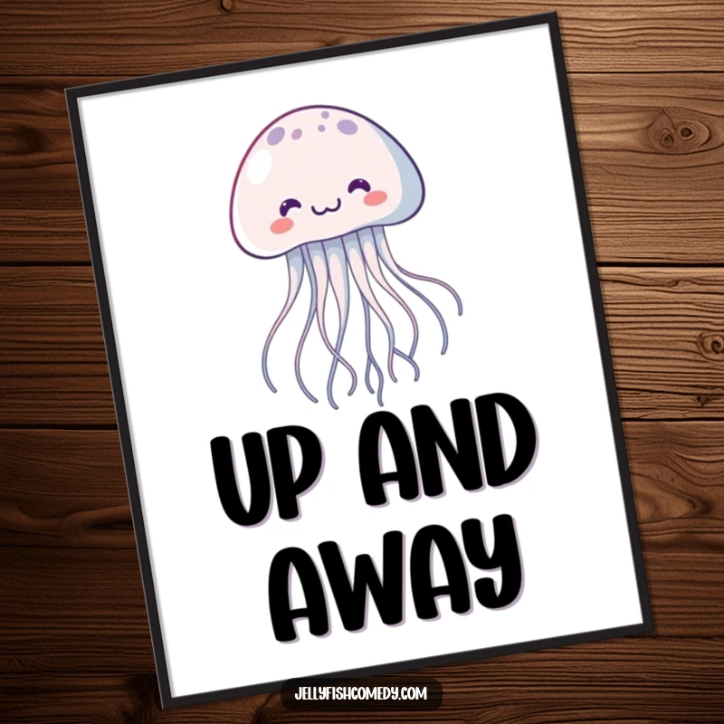 Funny kawaii jellyfish poster, a joyful floating creature with trailing tentacles, bringing cartoon enchantment to any wall.