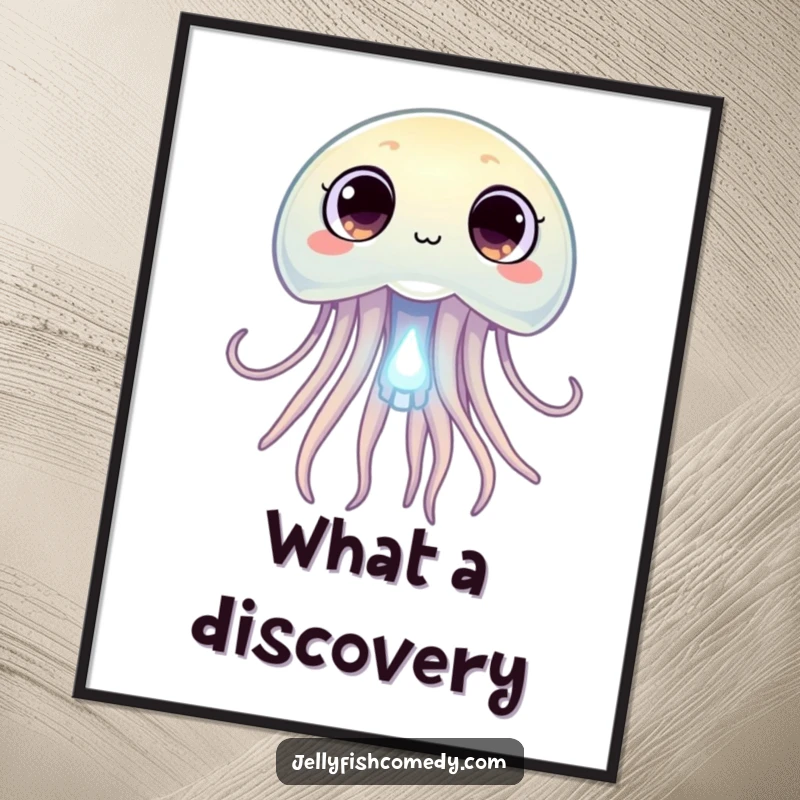 Funny jellyfish with wide, curious eyes peering at a tiny glowing plankton, a humorous and captivating poster.