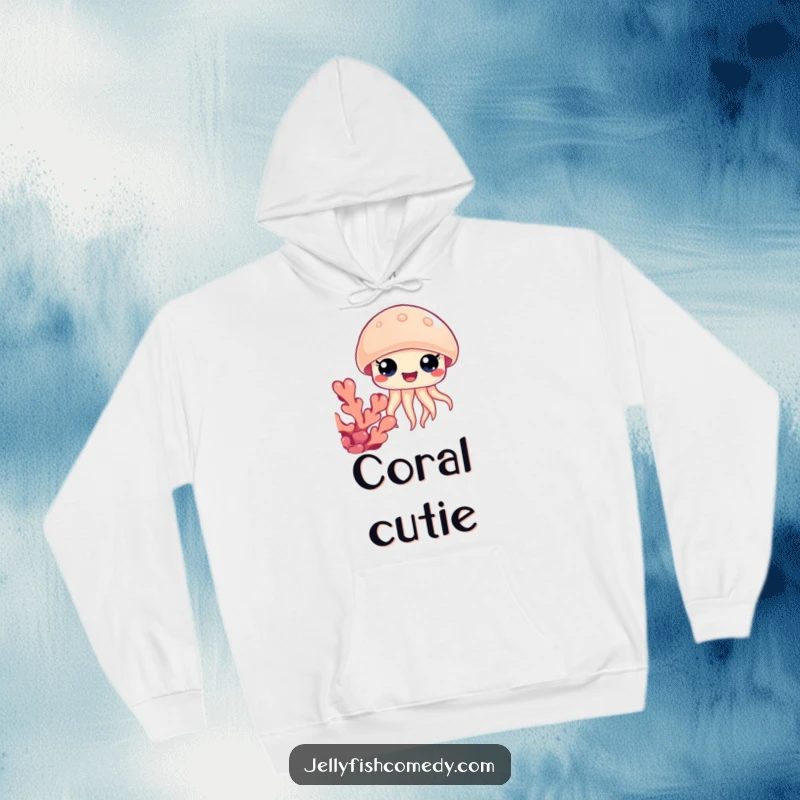 Funny jellyfish coral hoodie, a creature with wide happy eyes peeking from behind coral, offering cozy and cartoon fun.