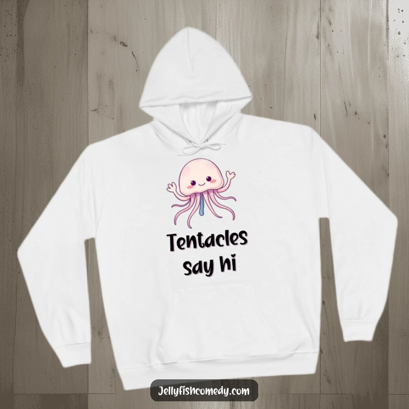 Funny jellyfish hoodie with trailing tentacles cheerfully waving hello, providing cozy comfort and a friendly undersea vibe.