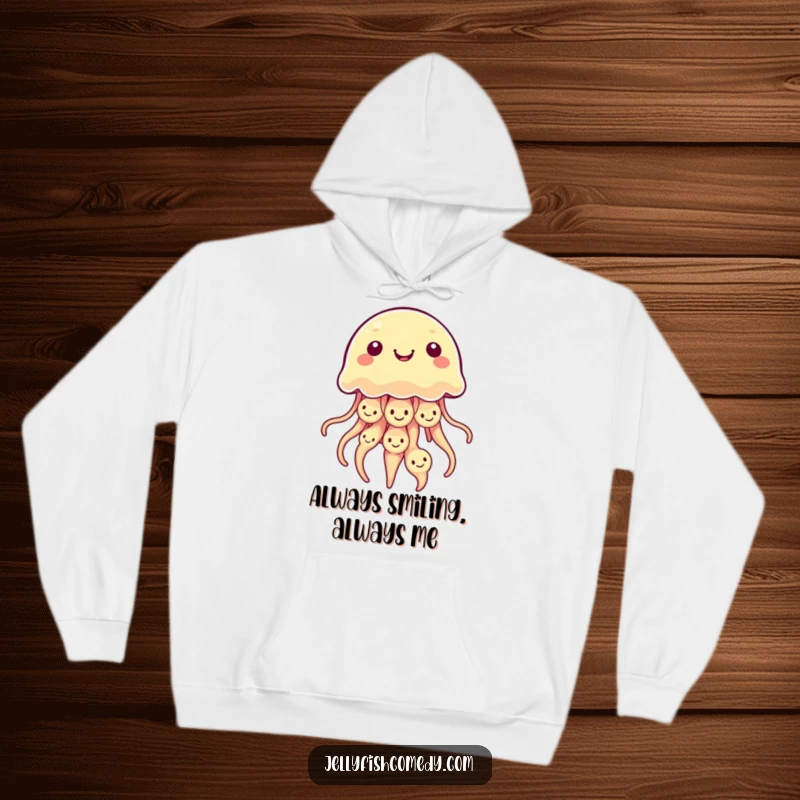 Funny Kawaii Jellyfish Hoodie with multiple smiley faces on its bell, perfect for cozying up in style.