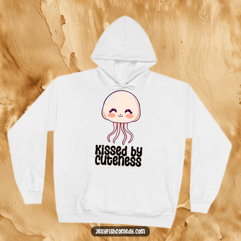 Funny Hoodie: A blushing kawaii jellyfish sweetly blows a kiss, offering cozy comfort and endearing, humorous charm.