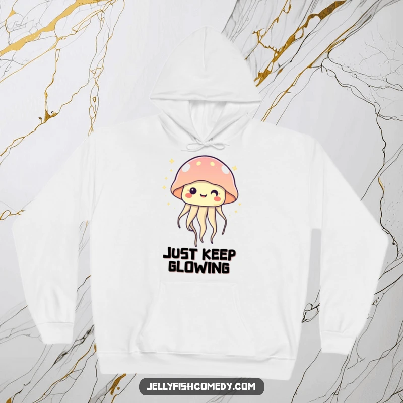 Kawaii jellyfish hoodie showing a happy, twinkling jellyfish floating gently, offering cozy comfort and a touch of oceanic magic.