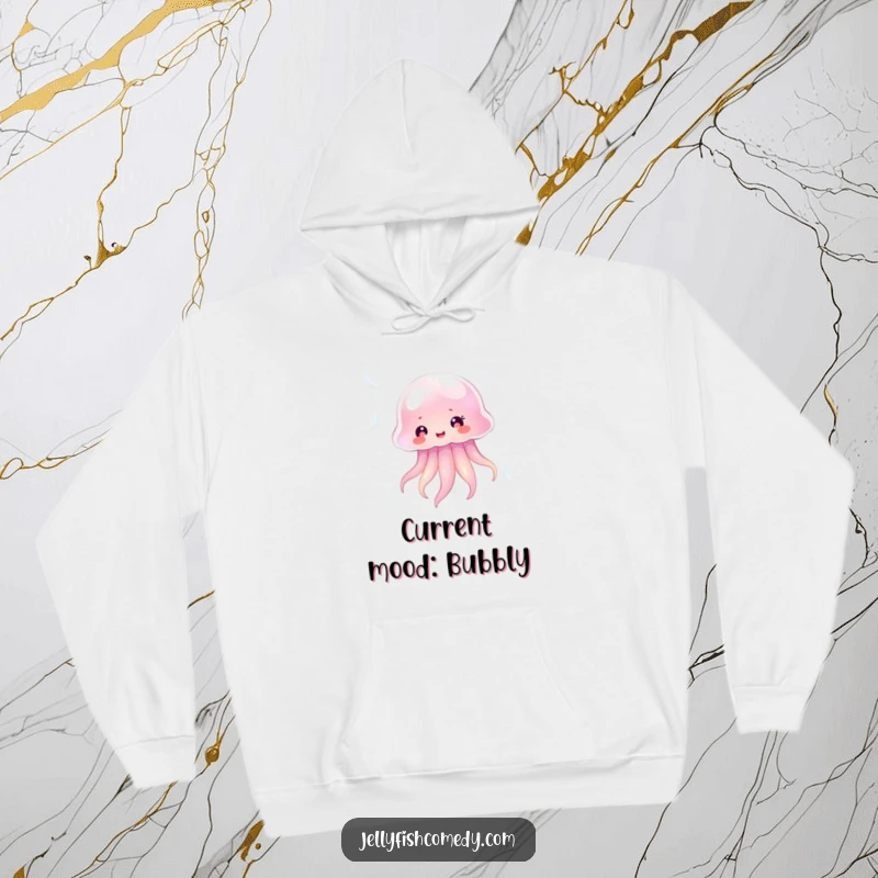 Funny transparent jellyfish happily floating amongst shimmering bubbles, a cozy and humorous hoodie for relaxation.