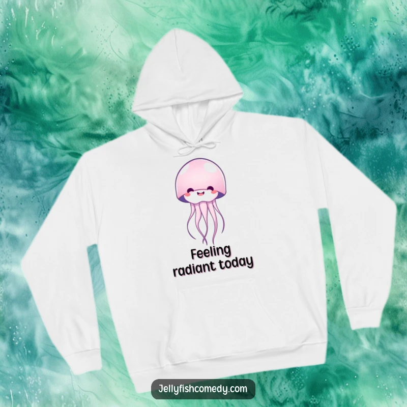 Funny happy jellyfish hoodie, radiating warmth and happiness, featuring a smiling sea creature, a cozy and joyful gift.