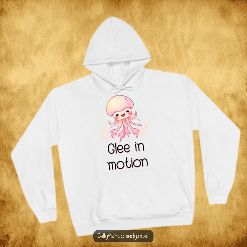 Funny glee jellyfish dance hoodie, showing a bubbly sea creature dancing with uncontainable joy and happiness.
