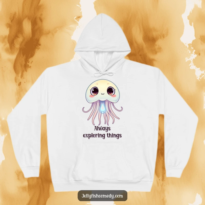 Funny jellyfish with wide, curious eyes peering at a tiny glowing plankton, a humorous and cozy hoodie.
