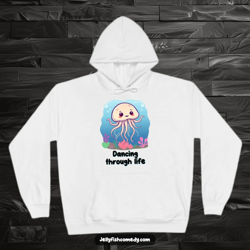 Funny hoodie illustration of a silly jellyfish dancing underwater, tentacles swirling dynamically in a humorous and captivating way.