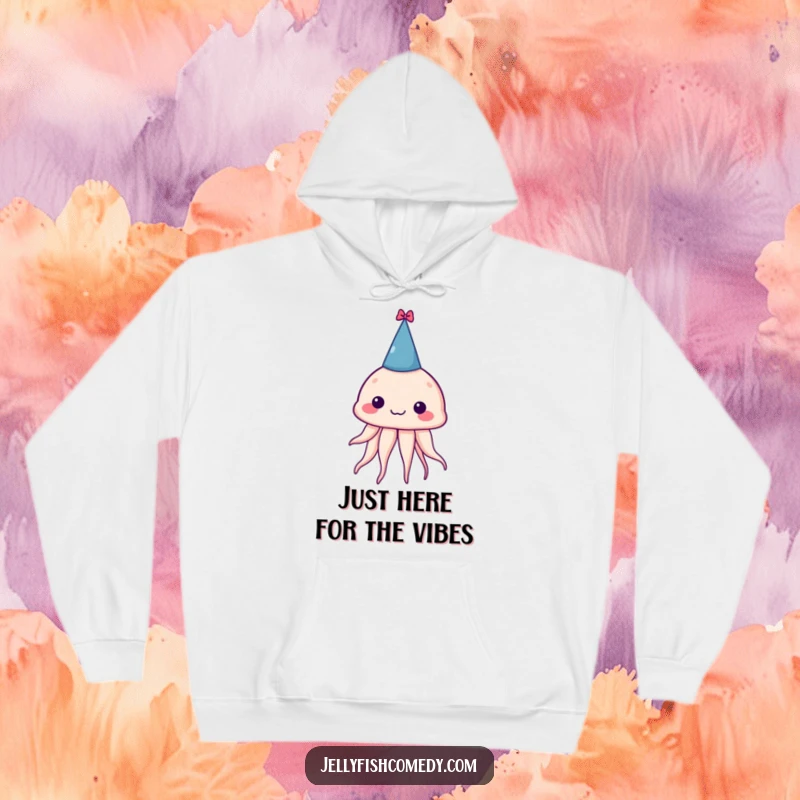 Funny hoodie showcasing a silly jellyfish in a miniature party hat, radiating fun and festive energy for ultimate comfort.