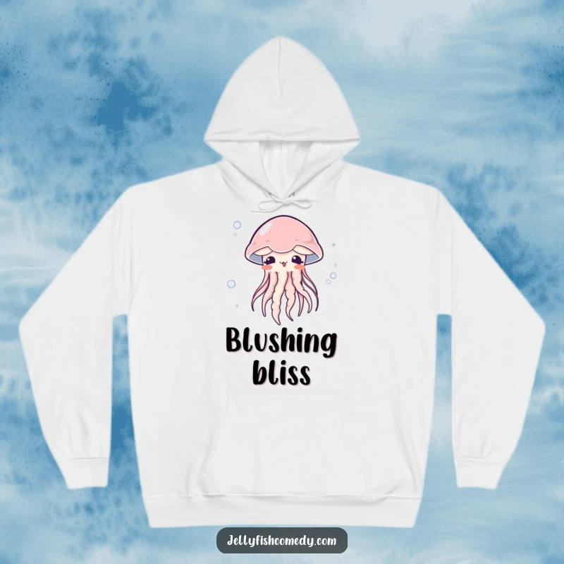 Funny surprised jellyfish hoodie shows a cute, blushing jellyfish gently swept by a current, offering cozy ocean-themed amusement.