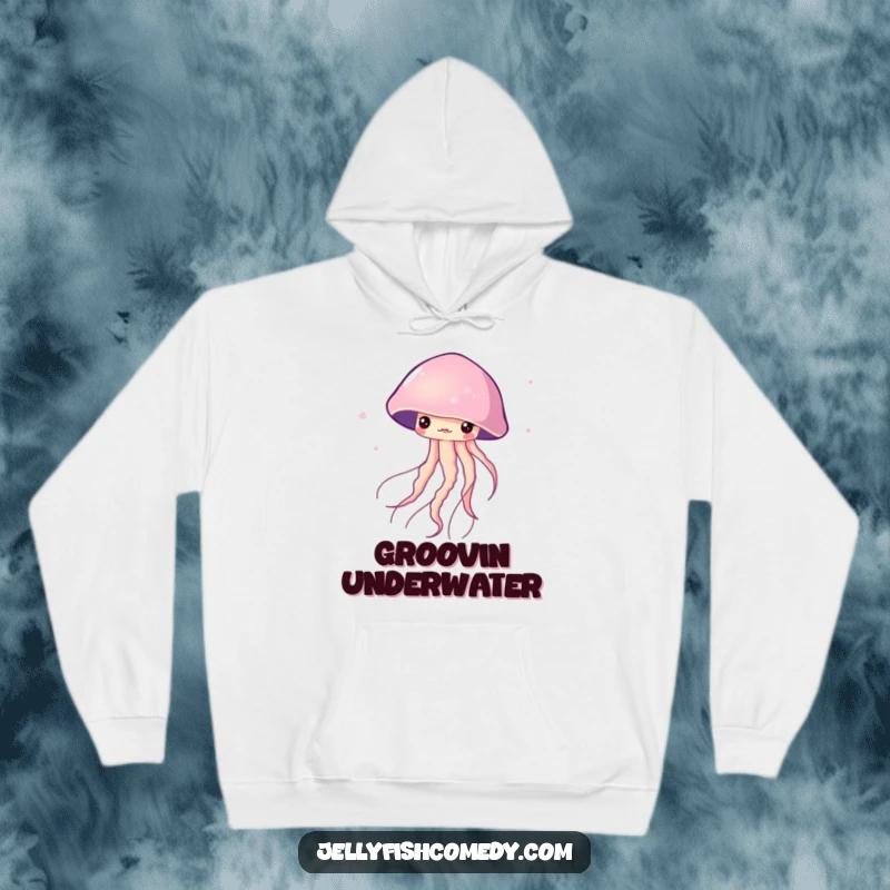 Funny Hoodie displaying a jellyfish gracefully twirling and spinning in its aquatic environment. This apparel offers fluid comfort.