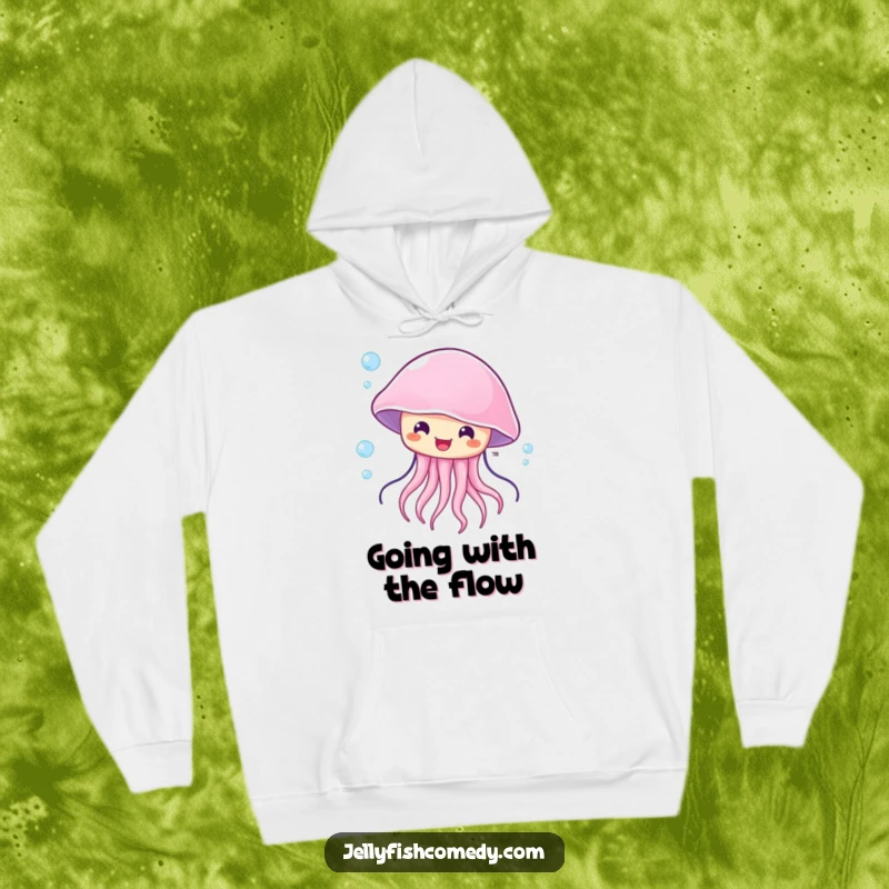 Funny surprised jellyfish hoodie, showing a sea creature with a happy, wide-eyed expression, being swept by a current.