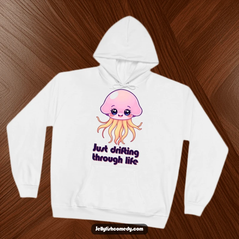 Funny Kawaii Jellyfish Hoodie featuring a happy floating jellyfish with bright eyes and flowing tentacles, perfect for comfort.