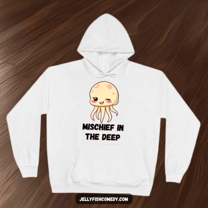Funny winking jellyfish hoodie, featuring a sea creature with a bubbly, mischievous smile and a wink, ideal for cozy humor.