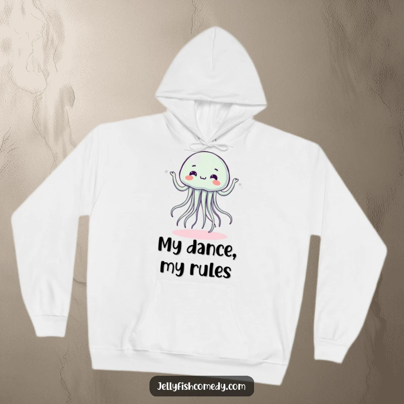 Funny hoodie with a jellyfish doing a silly dance with wobbly movements, perfect for cozy fun.