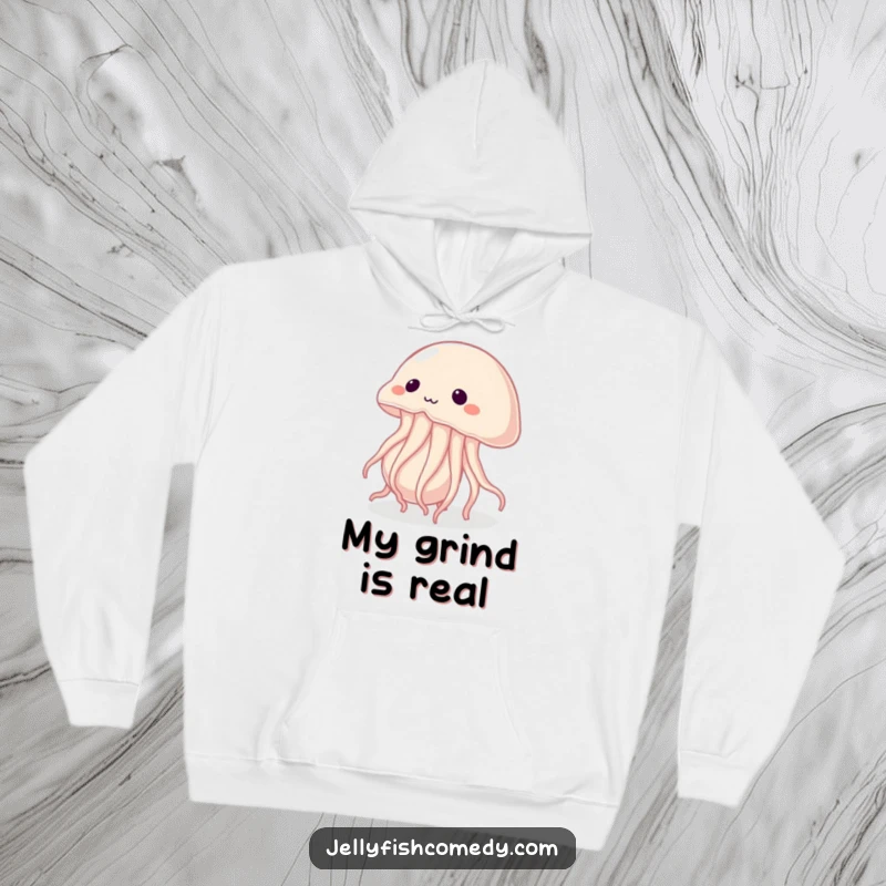 Cozy hoodie with a determined jellyfish pushing a giant pearl, symbolizing strength, effort, and a funny motivational message.
