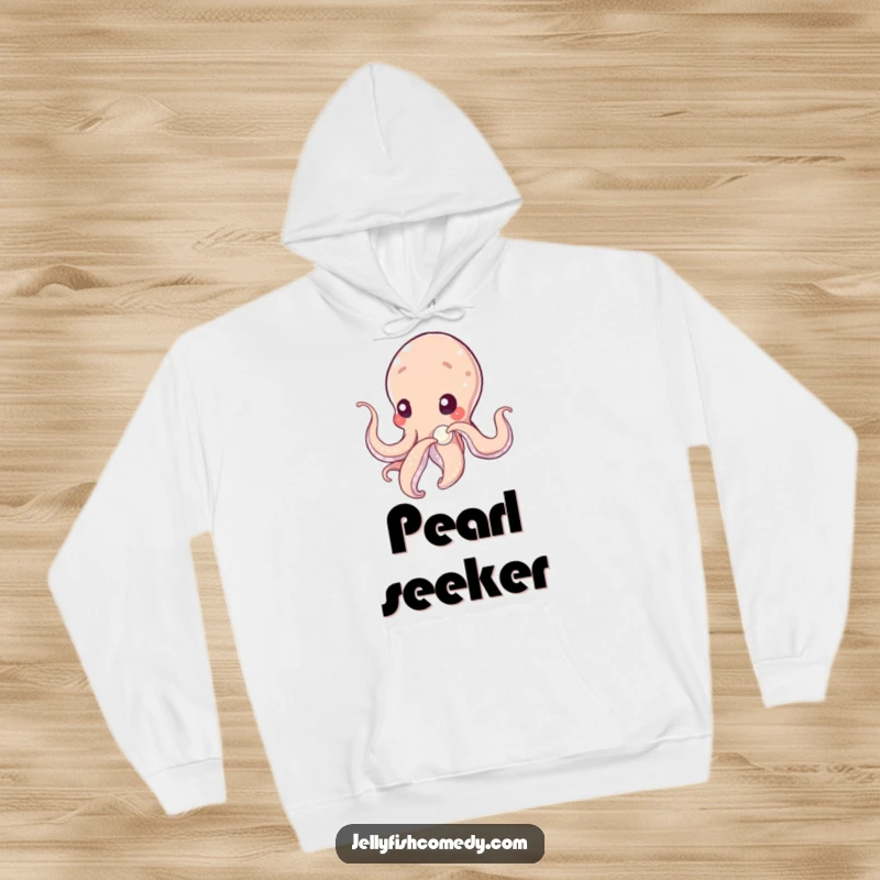Funny tentacled being gently nudging a shimmering pearl with curiosity, featured on a comfortable and warm hoodie.