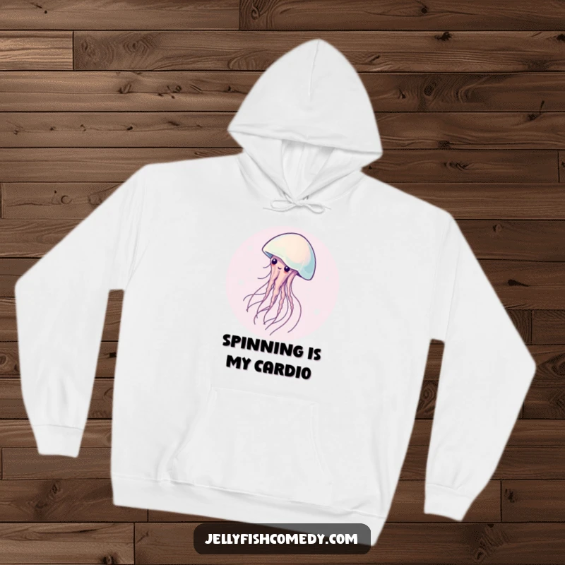 Cozy hoodie adorned with a gracefully spinning jellyfish, offering warmth, comfort, and a touch of serene, funny art.