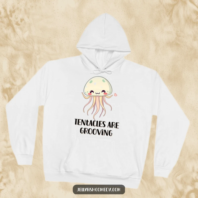 Funny jellyfish hoodie depicting a charming jellyfish doing a silly dance with its tentacles swaying rhythmically, radiating fun and warmth.