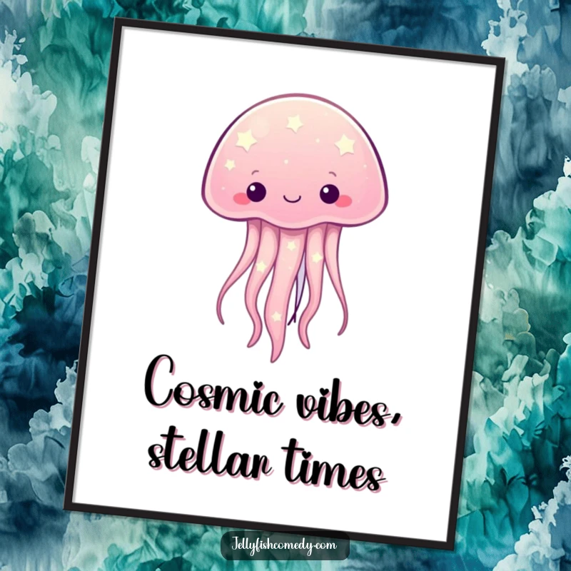 Funny free printable wall art: A kawaii jellyfish covered in twinkling stars illuminates the space with a magical, cosmic glow.