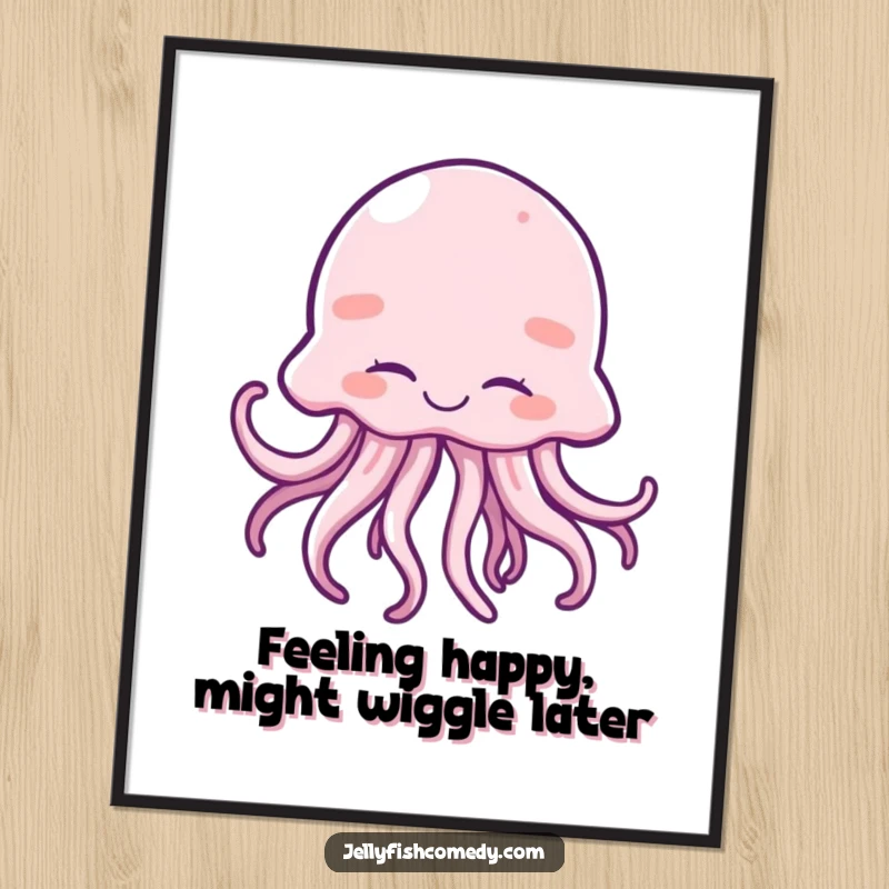 Funny free printable giggling jellyfish wall art, eyes closed in pure joy, tentacles wiggling merrily, a cheerful downloadable scene.