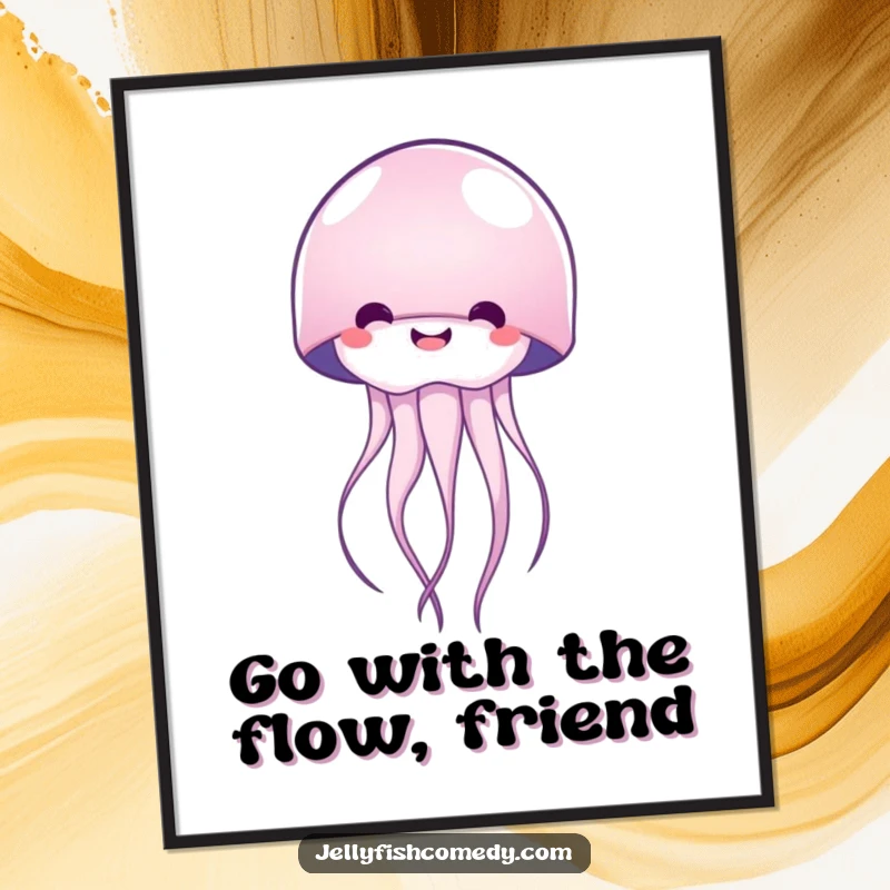 Funny Free Printable Wall Art depicting a joyfully curved jellyfish, radiating happiness and gentle underwater light.