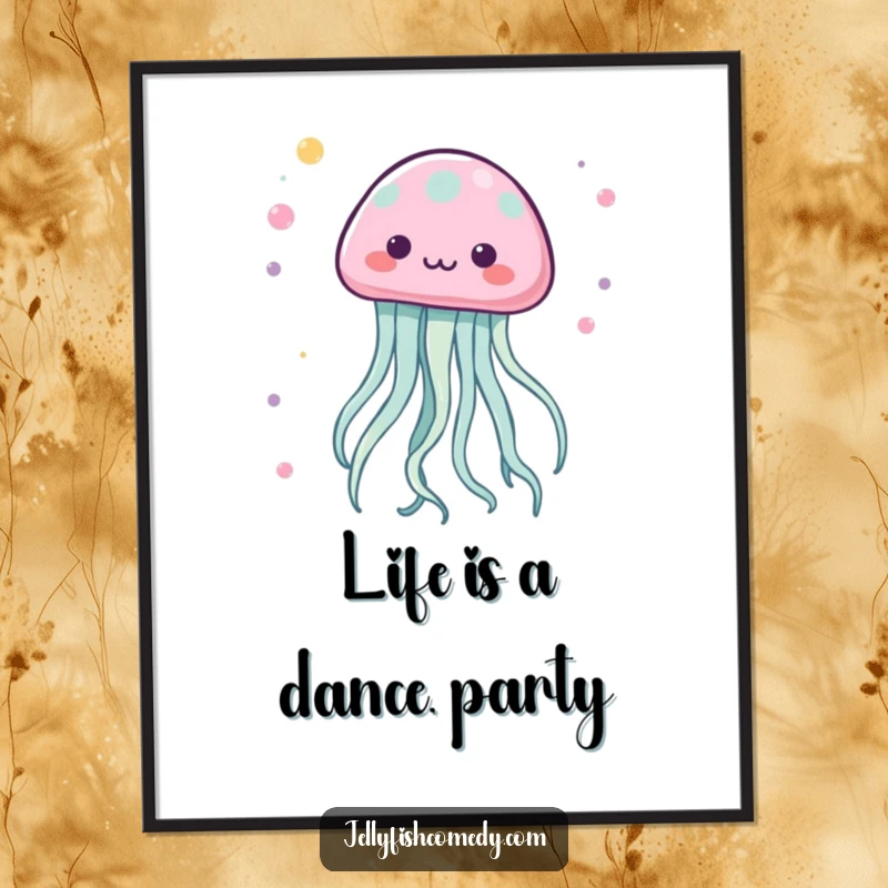 Funny free printable wall art depicting a kawaii jellyfish with tentacles dancing in a spirited and lively pattern, full of life.