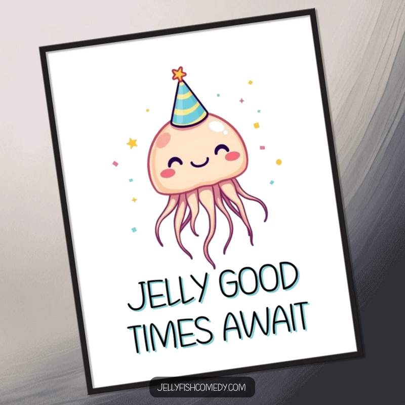 Funny Free Printable Wall Art: A whimsical jellyfish dons a tiny party hat, celebrating amidst a cascade of colorful confetti.