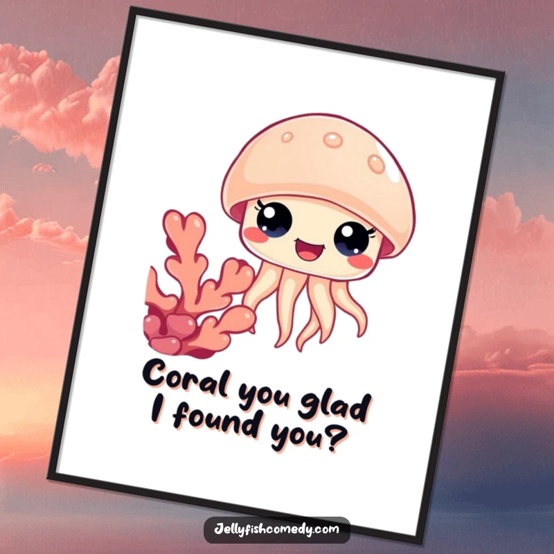 Funny Free Printable Wall Art: A jellyfish with wide, happy eyes peeking out from behind colorful coral, creating charming downloadable decor.