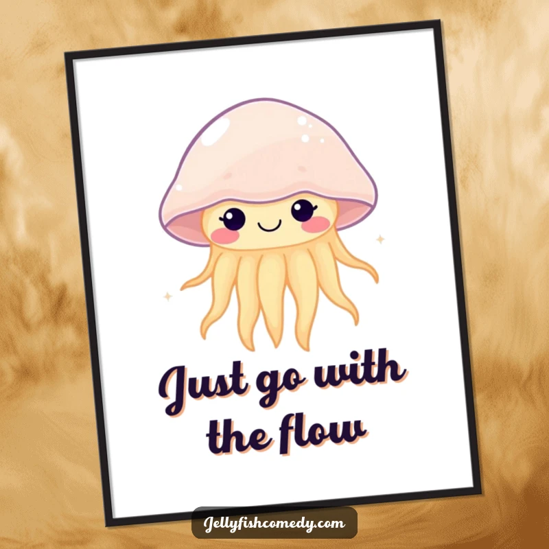 Funny Free Printable Wall Art: An adorable kawaii jellyfish with a wide, happy smile gently pulses with delight underwater.