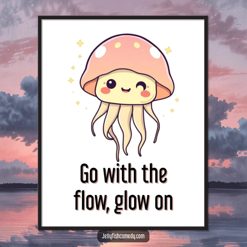 Funny Free Printable Wall Art: A cute, kawaii jellyfish happily floating and twinkling with a sweet, cheerful face.