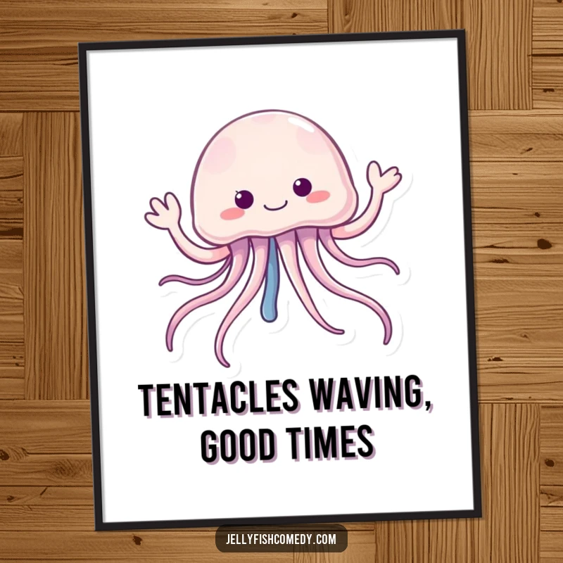Funny Free Printable Wall Art: A cheerful jellyfish with long, flowing tentacles happily waves a friendly hello.