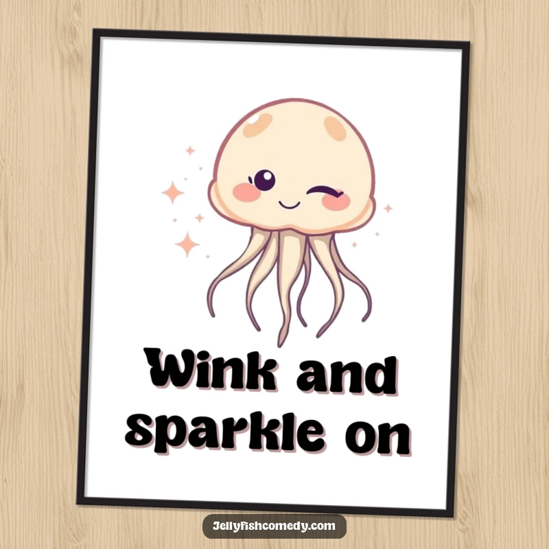 Free Printable Wall Art featuring a playful jellyfish winking slyly, leaving a vibrant trail of shimmering, magical sparkles.