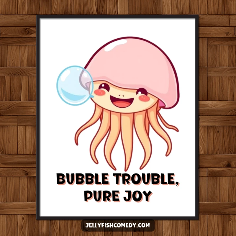 Funny free printable wall art of a jellyfish with a wide grin blowing a large bubble, radiating pure joy and playfulness.