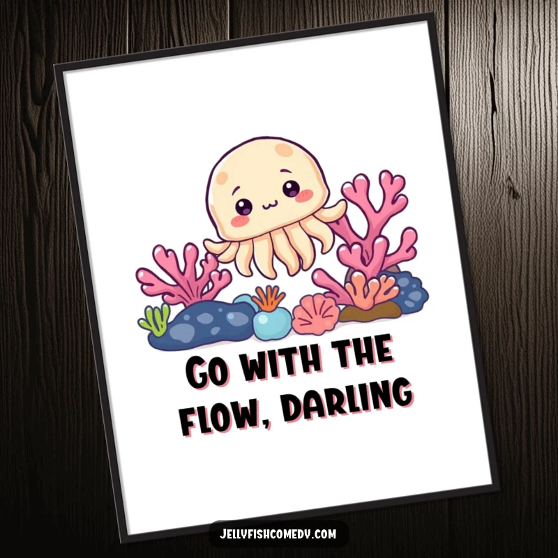 Funny Free Printable Wall Art: A curious cartoon jellyfish peeks from behind a vibrant coral reef, creating a playful ocean-themed decoration.