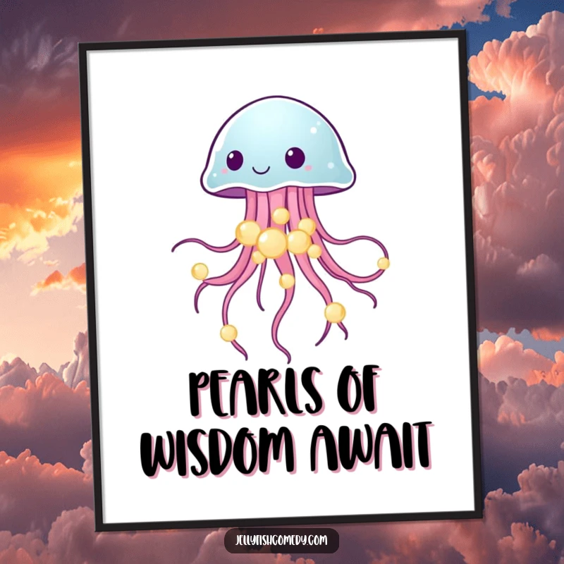 Funny Free Printable Wall Art featuring a jellyfish delicately balancing glowing sea pearls, creating a magical ambiance.