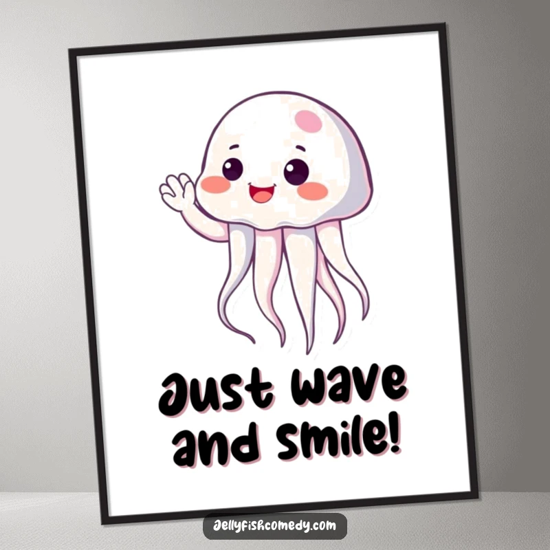Funny Free Printable Wall Art: A cheerful Jellyfish with a bright smile is giving a gentle, friendly wave.