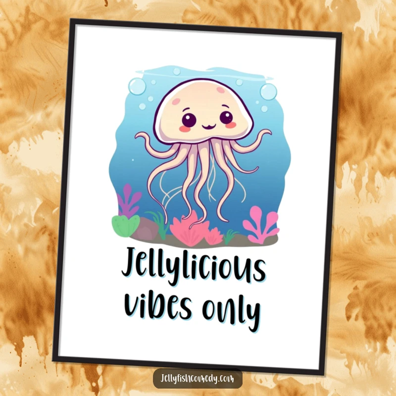 Funny Free Printable Wall Art: A jellyfish with a cheerful expression dances wildly underwater, tentacles in a joyful swirl.