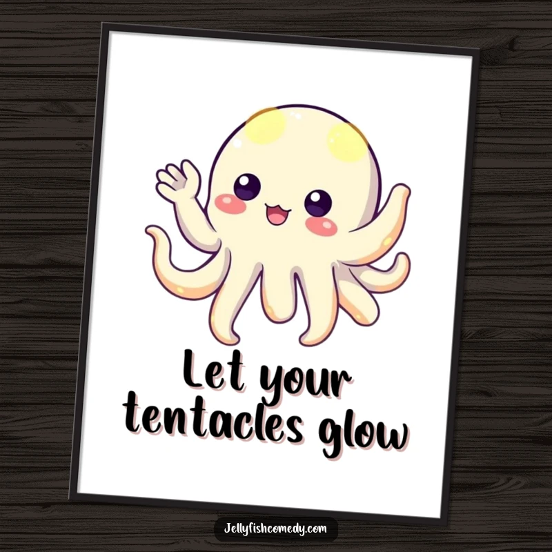 Funny Free Printable Wall Art: A floating creature with glowing tentacles playfully waving hello, a humorous and cosmic downloadable piece.