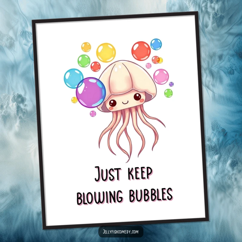 Funny Free Printable Wall Art: A jellyfish elegantly blows a stream of vibrant, colorful bubbles.