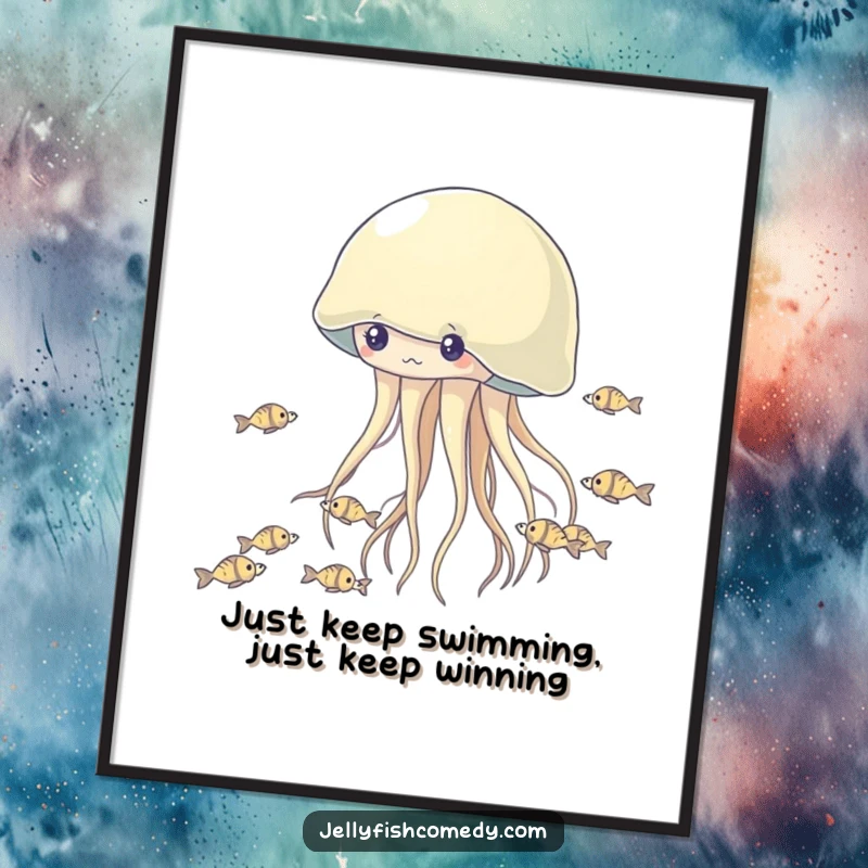 Funny Free Printable Wall Art: Jellyfish playfully racing tiny fish, creating a humorous and engaging downloadable art piece.